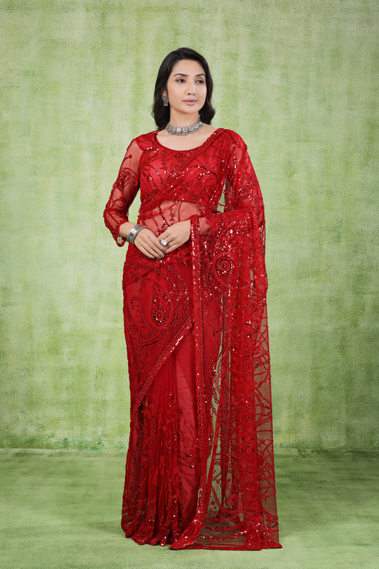 Kanyaari Red Net Handwork Saree With Unstitched Blouse