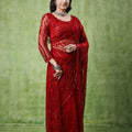 Kanyaari Red Net Handwork Saree With Unstitched Blouse