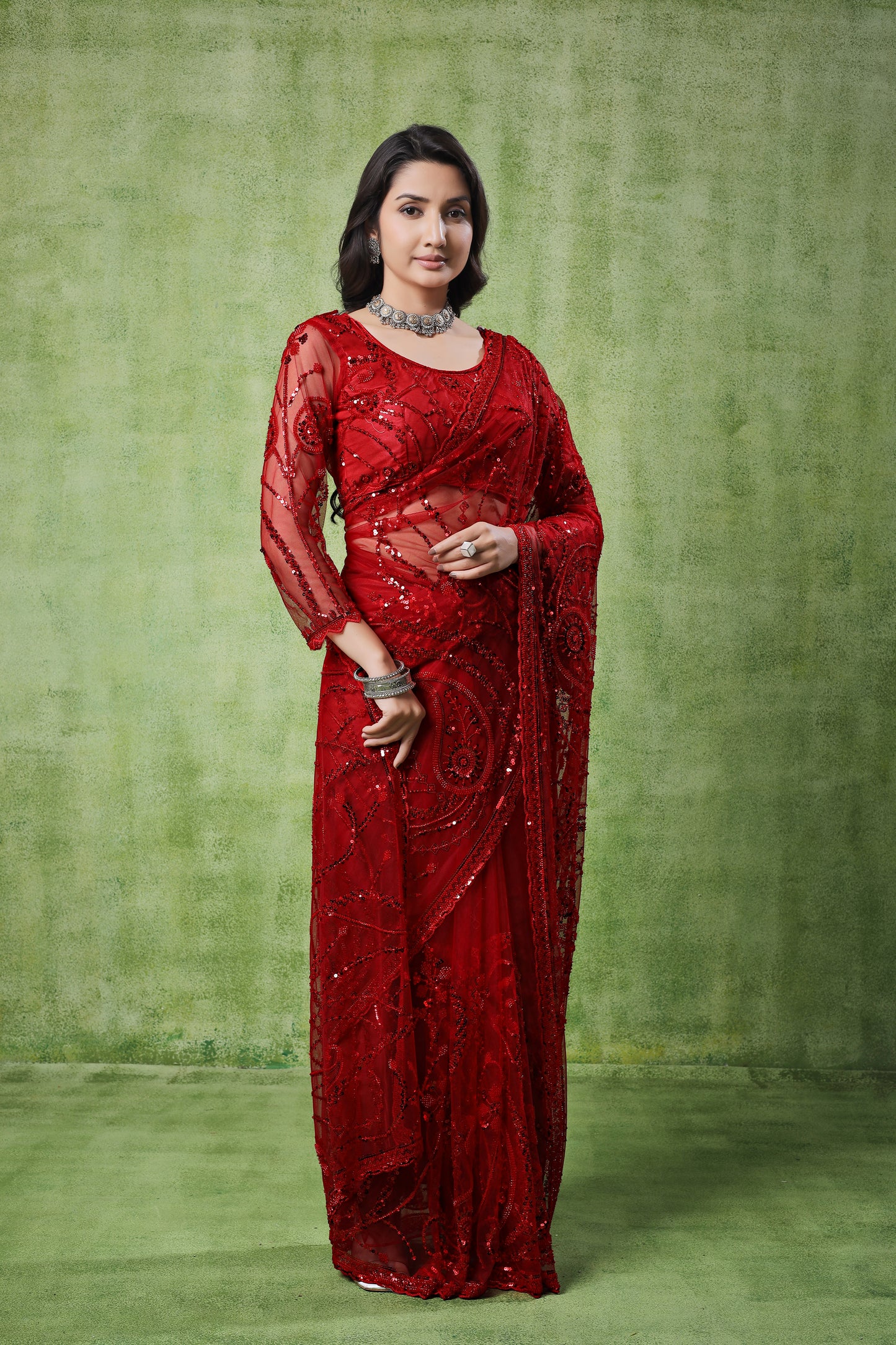 Kanyaari Red Net Handwork Saree With Unstitched Blouse