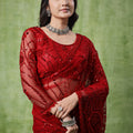 Kanyaari Red Net Handwork Saree With Unstitched Blouse