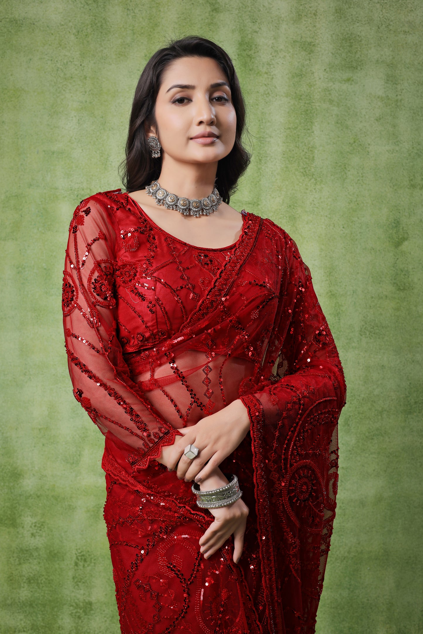 Kanyaari Red Net Handwork Saree With Unstitched Blouse