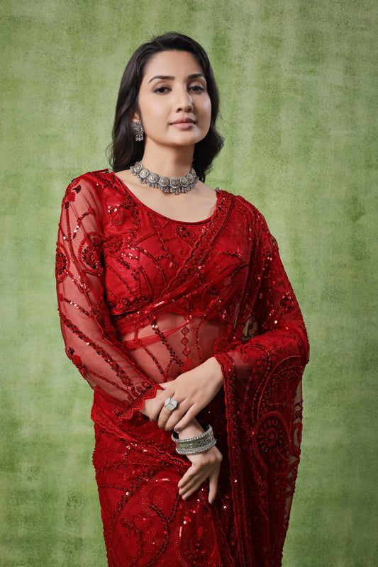 Red Cutdana Saree With Unstitched Blouse