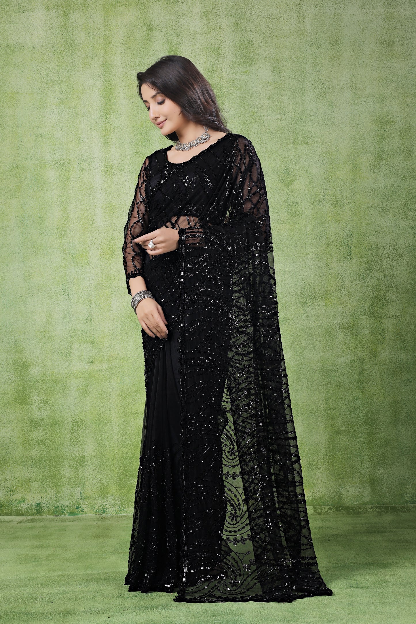 Kanyaari Black Net Handwork Saree With Unstitched Blouse
