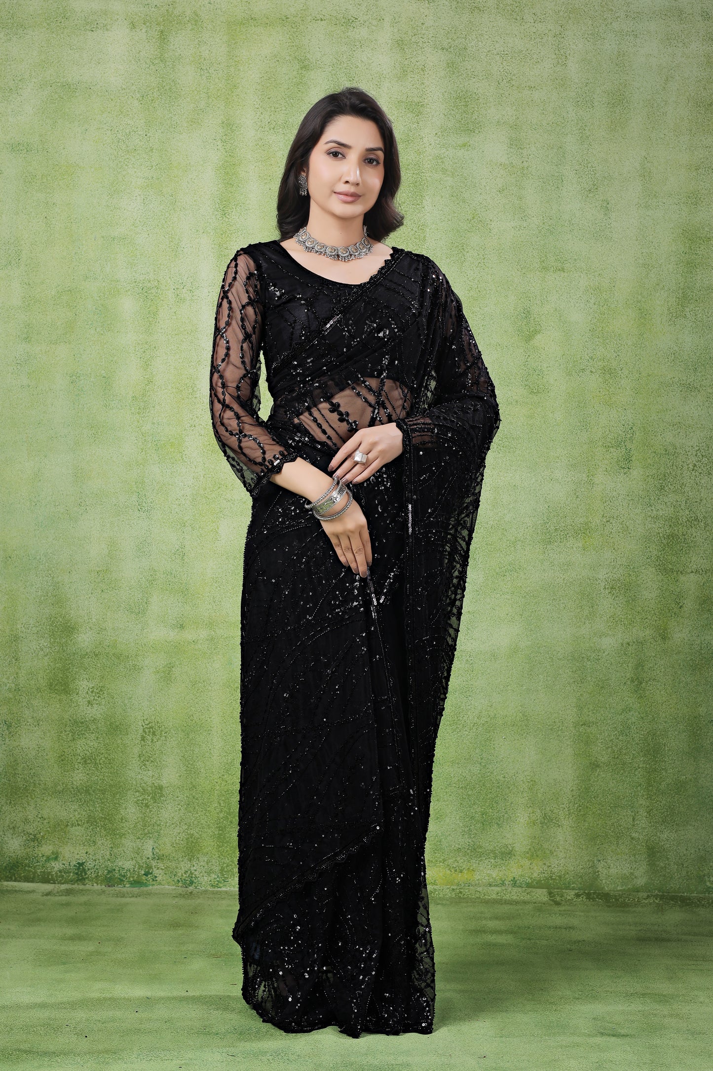 Kanyaari Black Net Handwork Saree With Unstitched Blouse