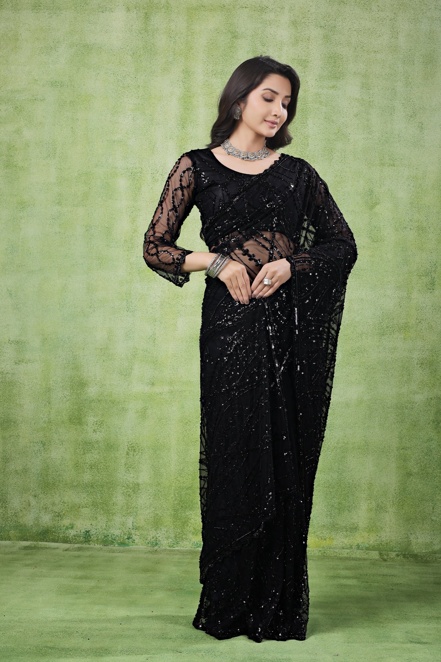 Kanyaari Black Net Handwork Saree With Unstitched Blouse