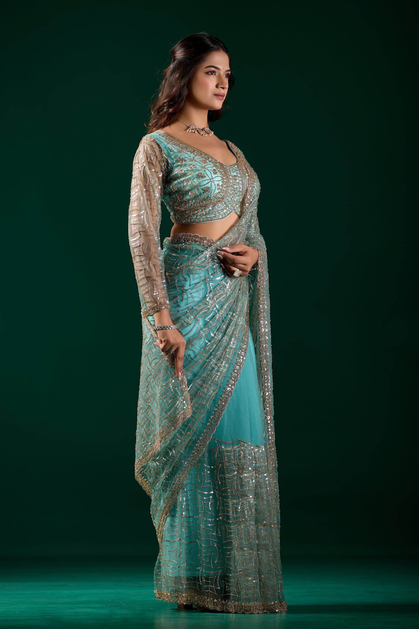 Styalish Net  Heavy Cutdana Embroidered Blue Saree (Katrina)