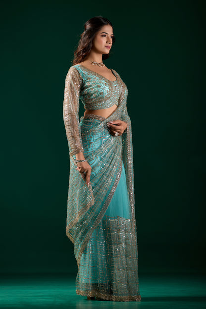 Kanyaari Styalish net heavy cutdana embroidered blue saree with intricate embroidery and elegant drape, modeled by Katrina.
