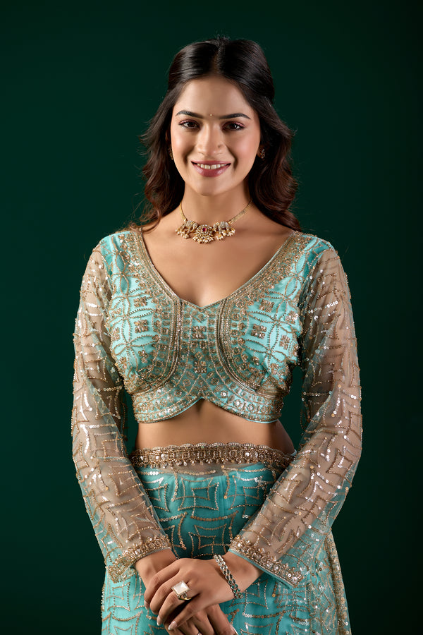 Blue embroidered saree with heavy cutdana work by Kanyaari, featuring intricate net fabric and elegant design, styled by Katrina.