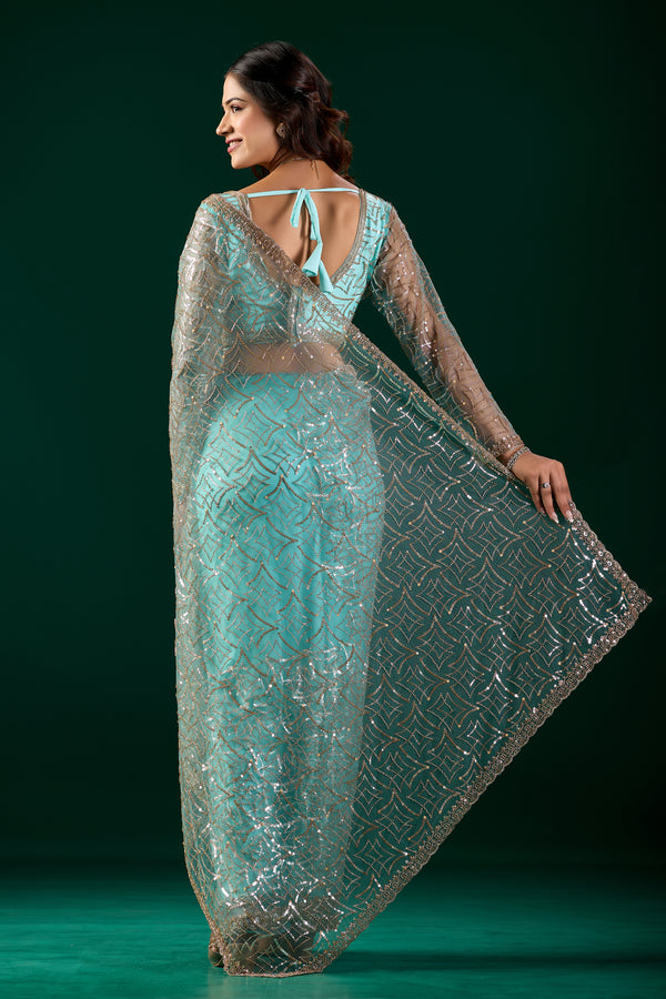 Blue Kanyaari saree with heavy cutdana embroidery and net fabric, featuring intricate designs and traditional style.
