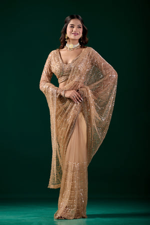 Yellow embroidered saree with heavy cutdana work by Kanyaari, featuring intricate net fabric and vibrant design, worn by Katrina.