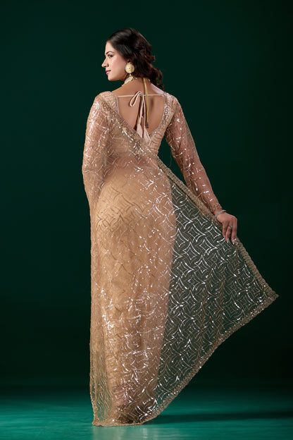 Kanyaari yellow net saree with heavy cutdana embroidery and intricate embellishments, designed for traditional occasions.