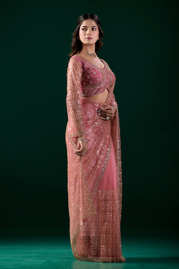 Kanyaari Styalish net heavy cutdana embroidered pink saree with intricate embroidery and embellishments, worn by Katrina.