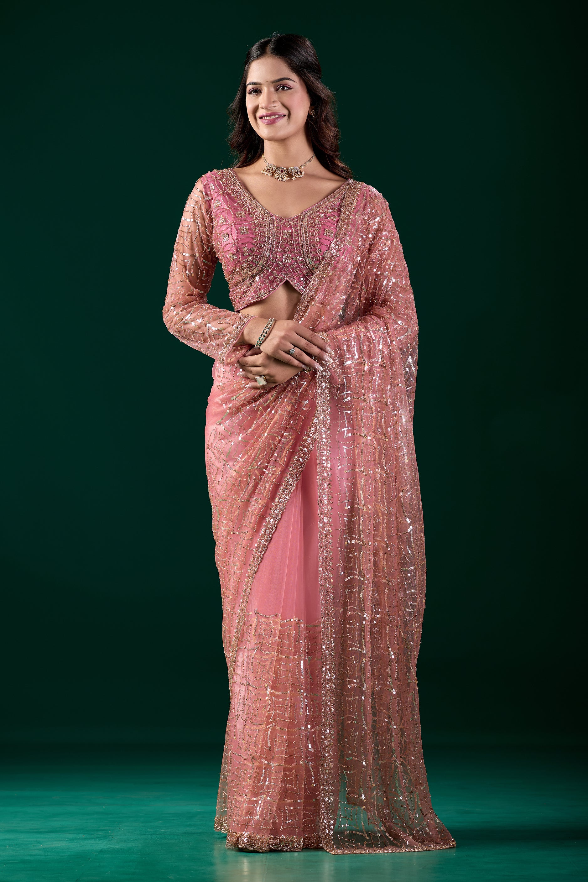 Kanyaari Styalish net pink saree with heavy cutdana embroidery, showcasing intricate design and elegant drape.