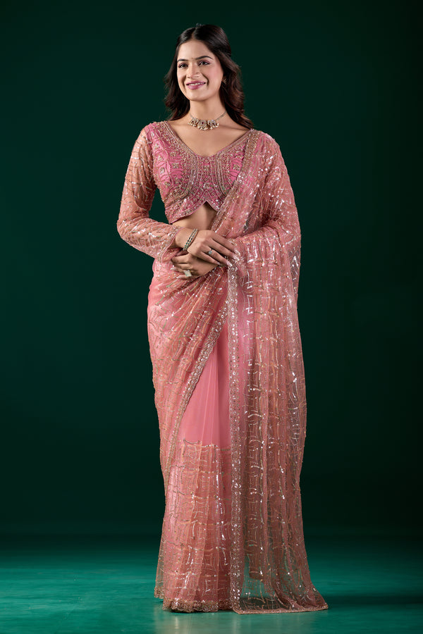 Kanyaari Styalish net pink saree with heavy cutdana embroidery, showcasing intricate design and elegant drape.