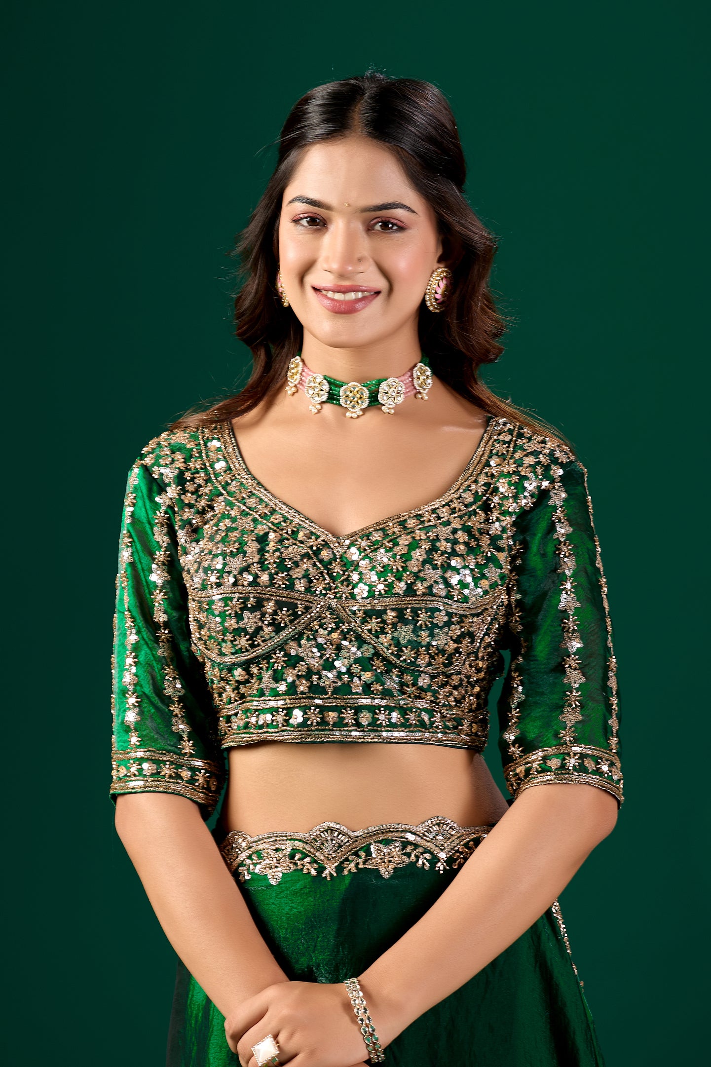 Green saree with cutdana work, full heavy design by Kanyaari, featuring intricate embroidery and traditional elegance.