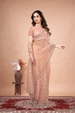 Cross Stylish Orange Net saree with Cutdana Work