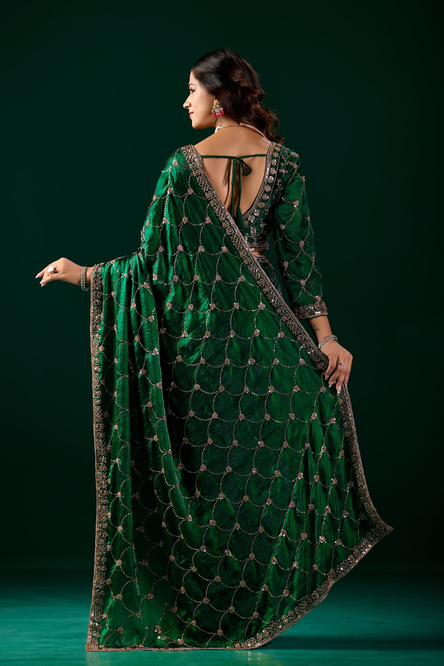 Luxury Silk Rose Gold Cutdana Work  Green Saree (Rashmika)