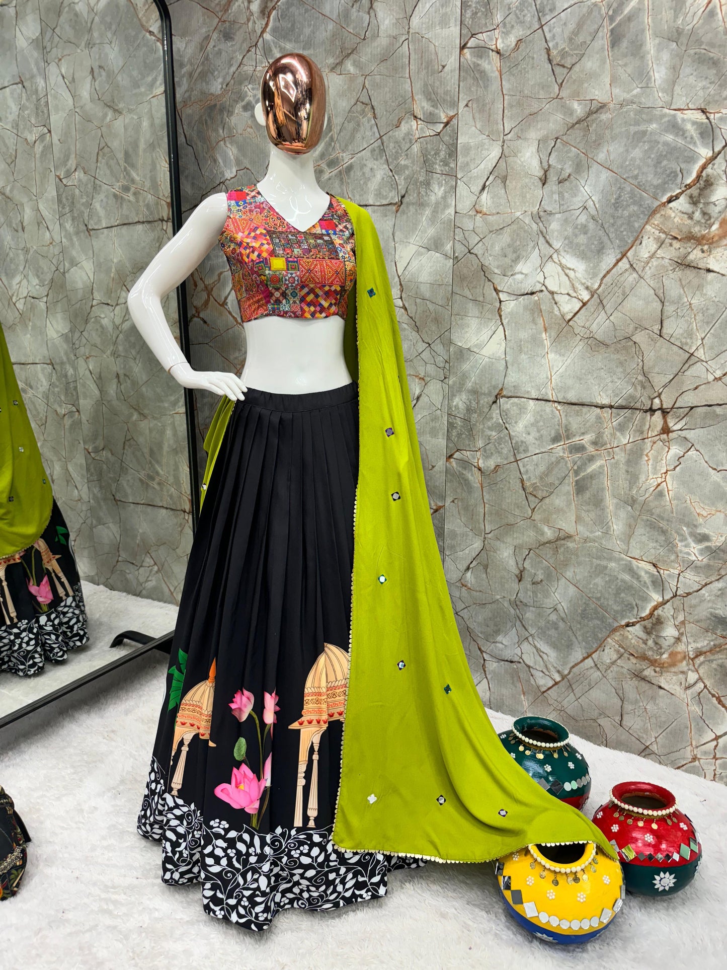 Black navratri chaniya choli | Black and green  lehenga cholis for Navratri 2024