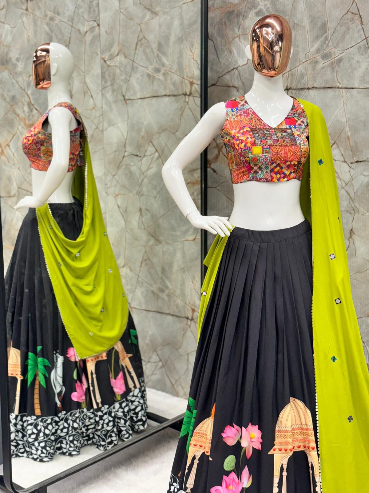 Black navratri chaniya choli | Black and green  lehenga cholis for Navratri 2024