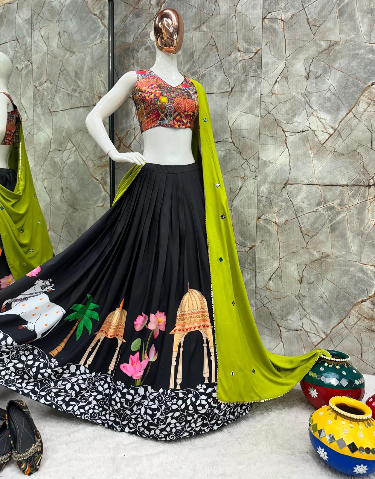 Black navratri chaniya choli | Black and green  lehenga cholis for Navratri 2024