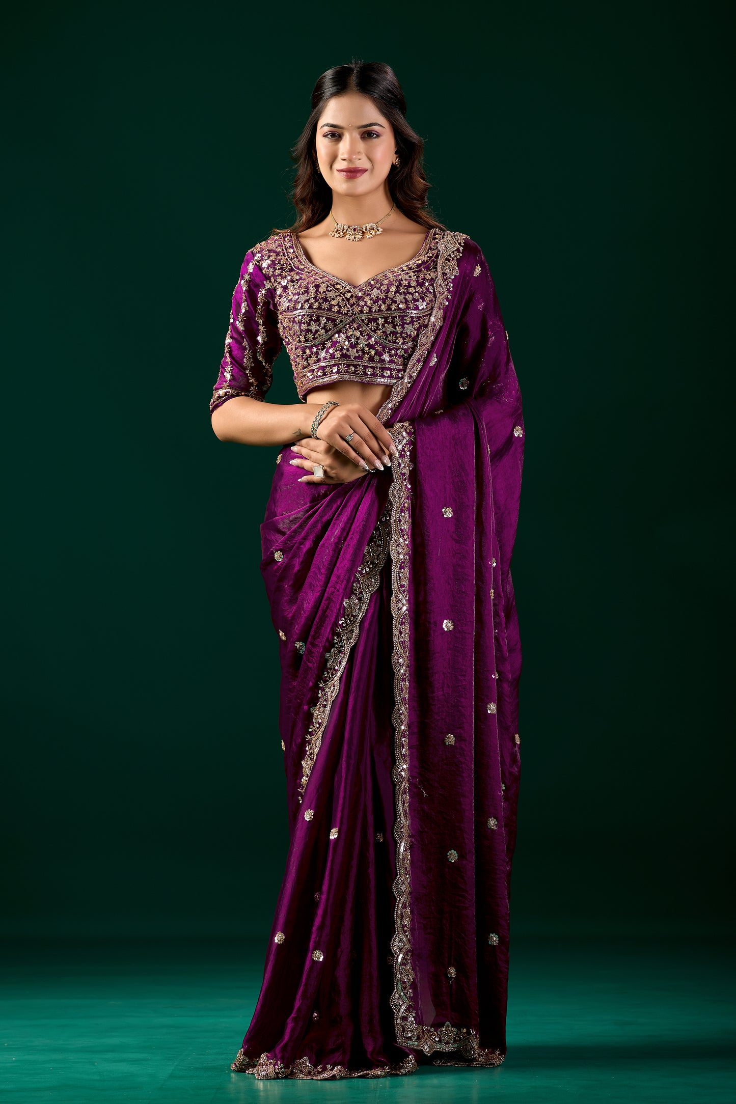 Full Heavy Wine Saree with Cutdana Work (Nora)