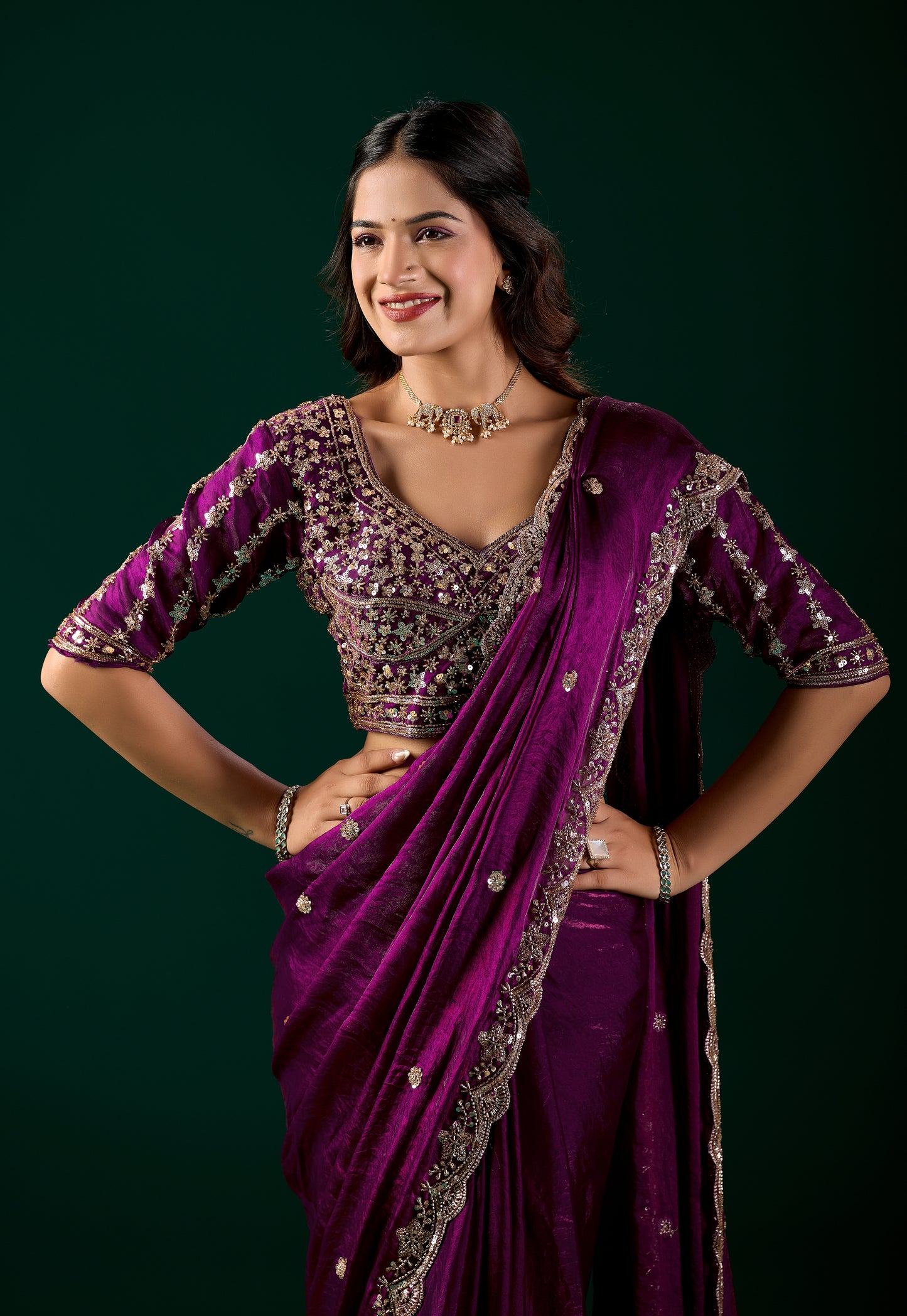 Full Heavy Wine Saree with Cutdana Work (Nora)