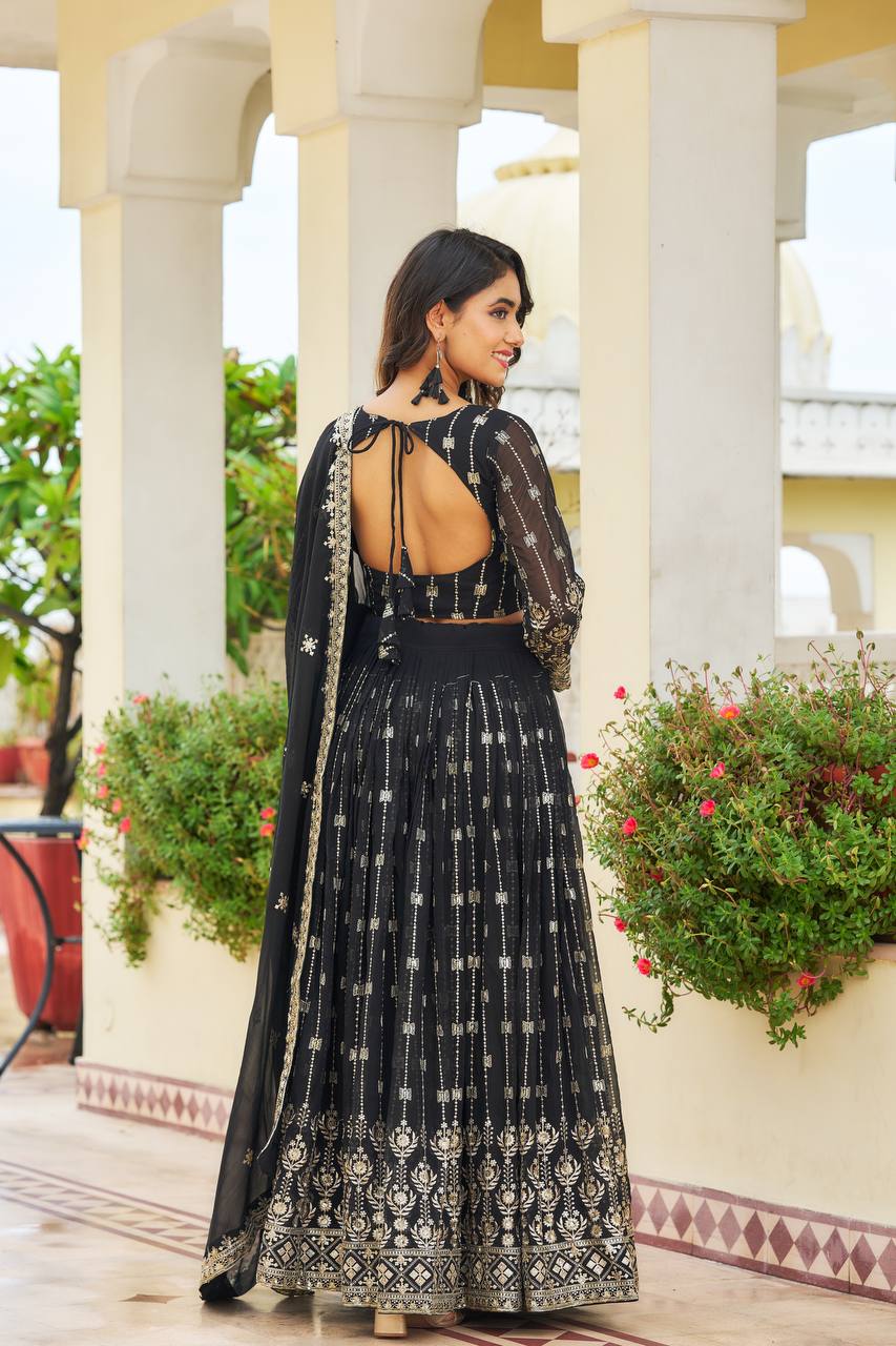 Black Designer Lehenga Choli | Black Colored  Heavy Faux Georgette Embroidery Work Lehenga Choli