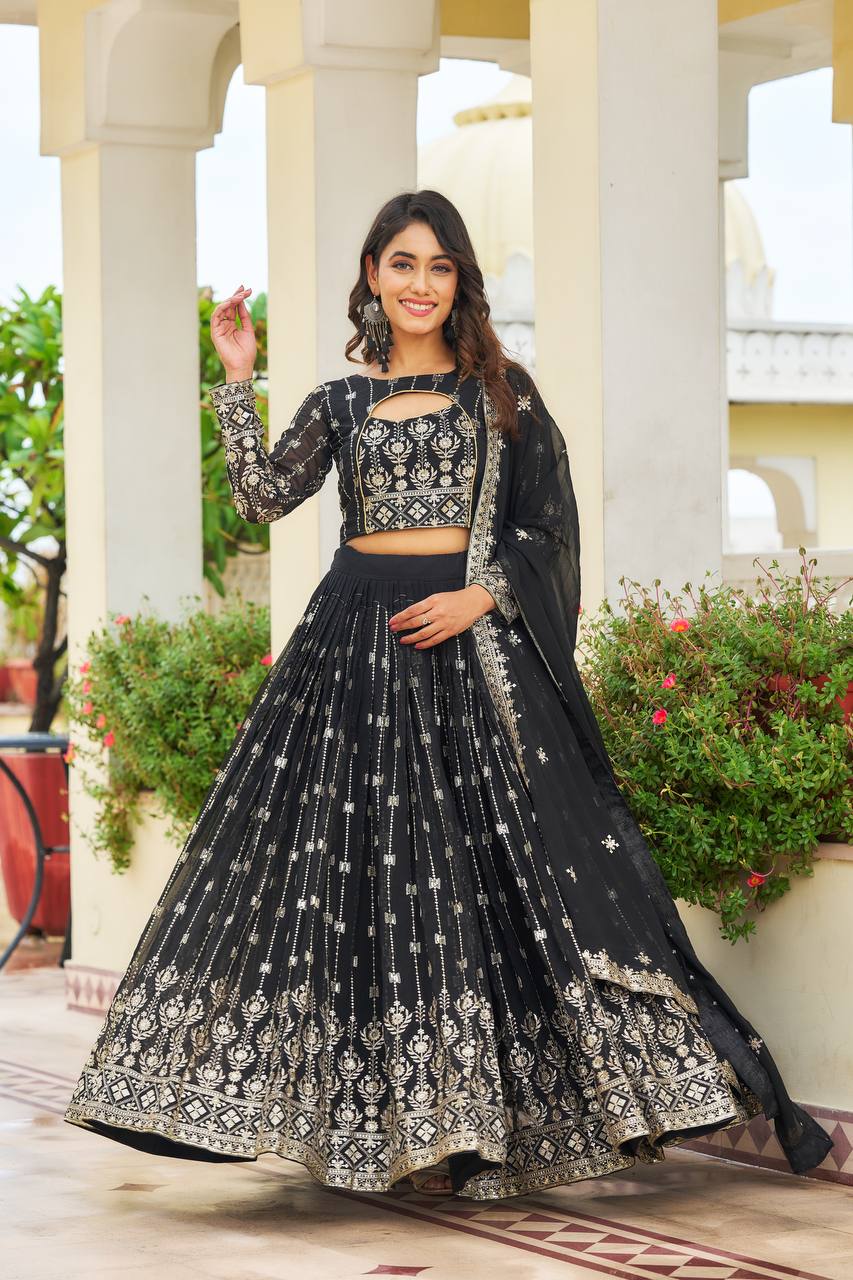 Black Designer Lehenga Choli | Black Colored  Heavy Faux Georgette Embroidery Work Lehenga Choli