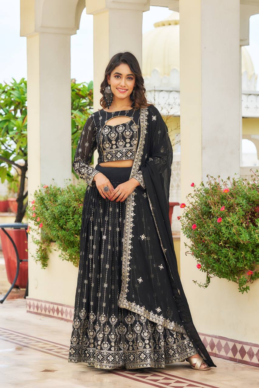 Black Designer Lehenga Choli | Black Colored  Heavy Faux Georgette Embroidery Work Lehenga Choli