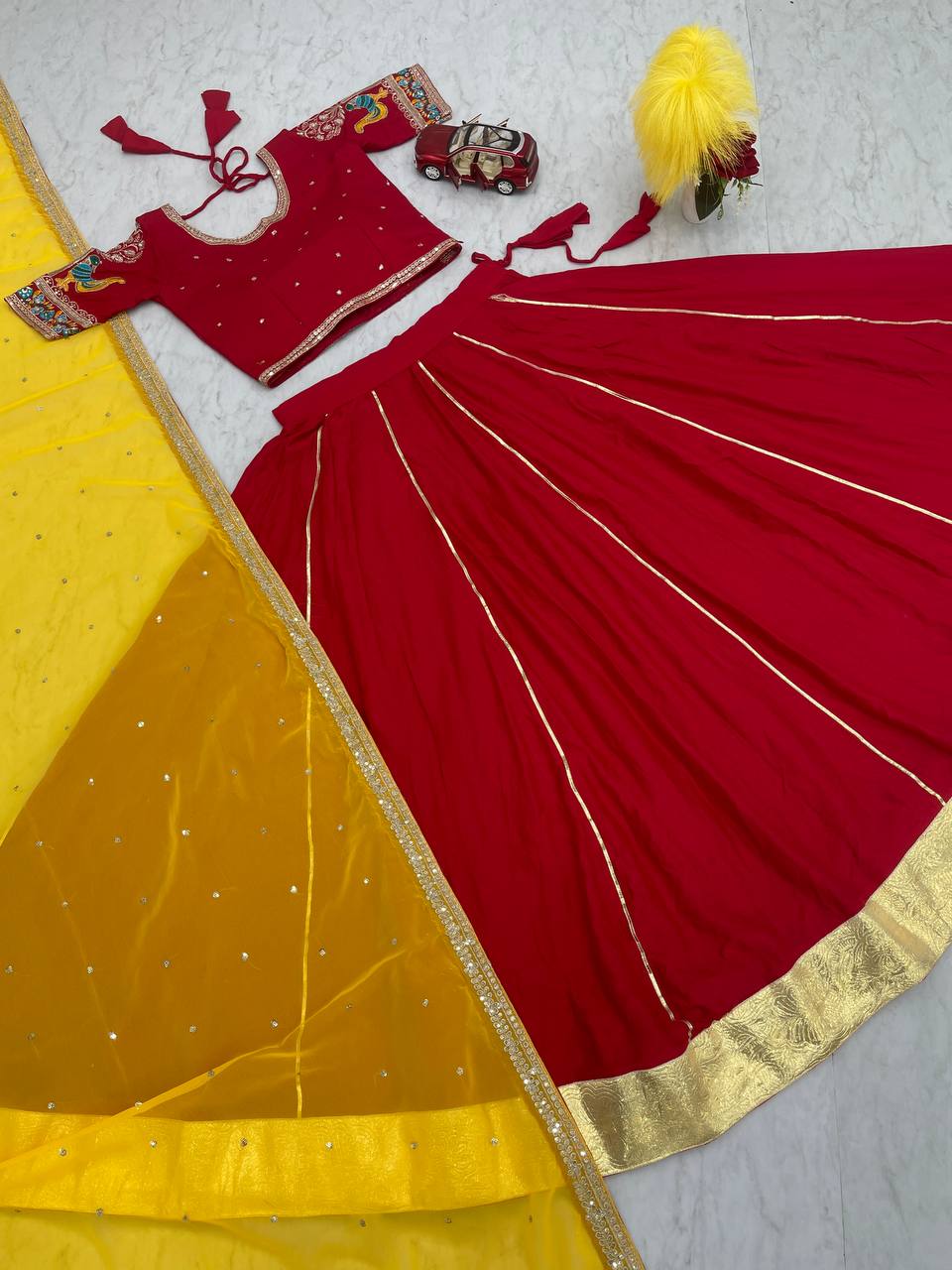 Navratri Special | Red and yellow Lehenga Choli |  Embroidery Sequence Work and thread work