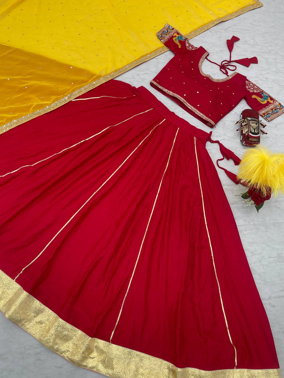 Navratri Special | Red and yellow Lehenga Choli |  Embroidery Sequence Work and thread work