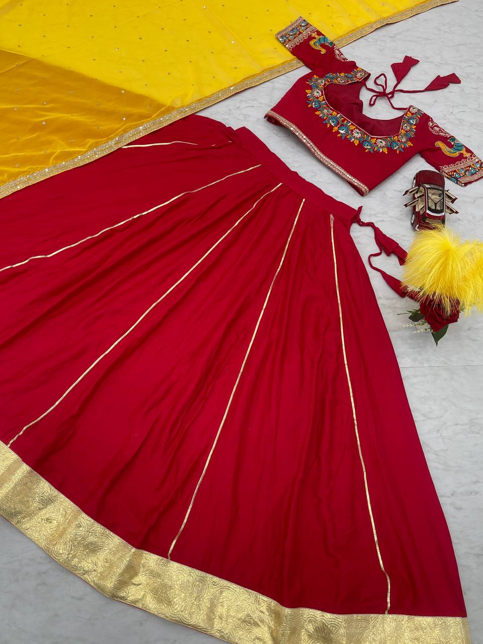 Navratri Special | Red and yellow Lehenga Choli |  Embroidery Sequence Work and thread work