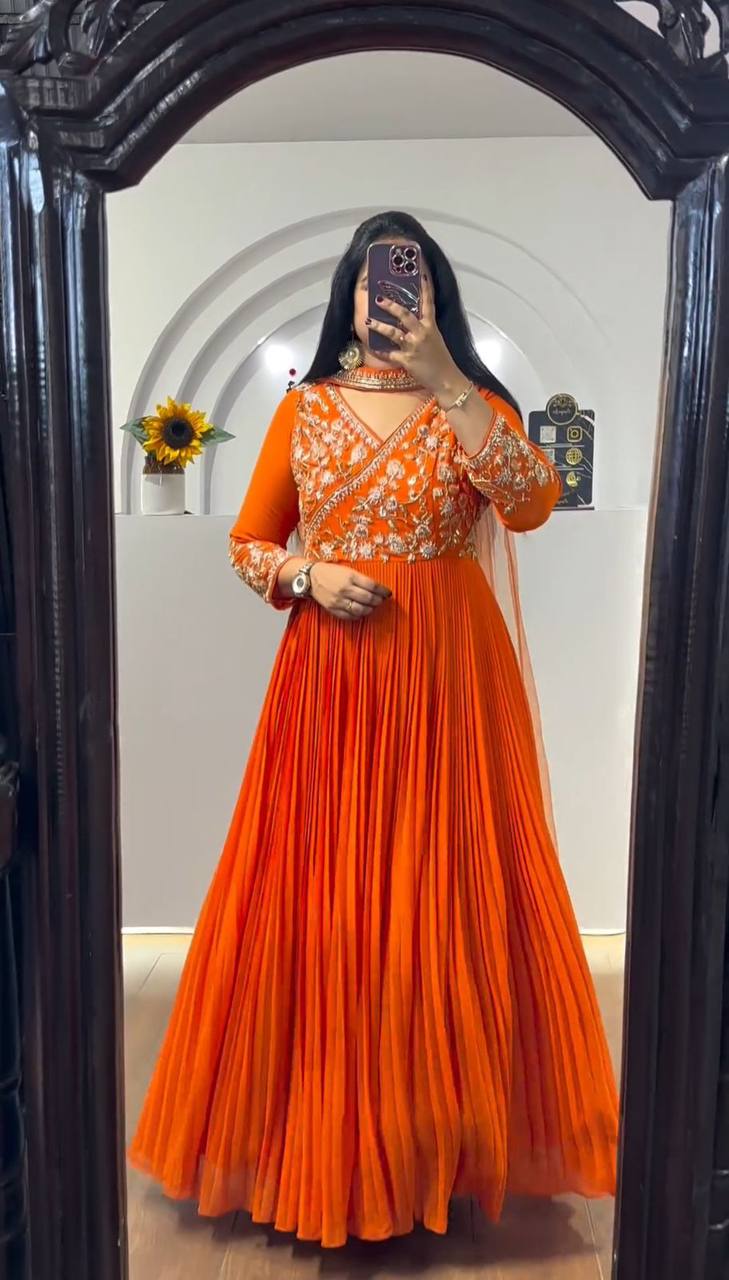 Alluring Orange color Sequence Embroidery work Designer Gown