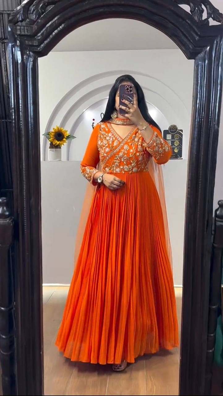 Alluring Orange color Sequence Embroidery work Designer Gown