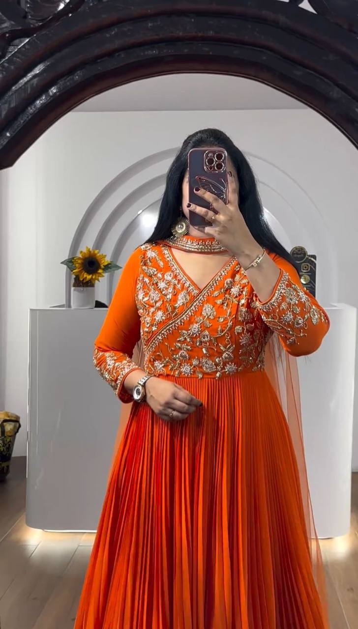 Alluring Orange color Sequence Embroidery work Designer Gown