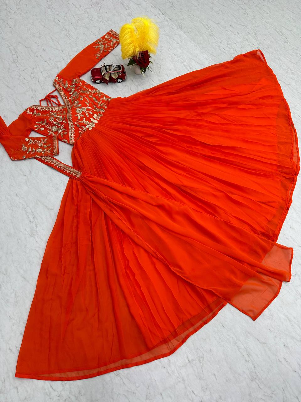 Alluring Orange color Sequence Embroidery work Designer Gown