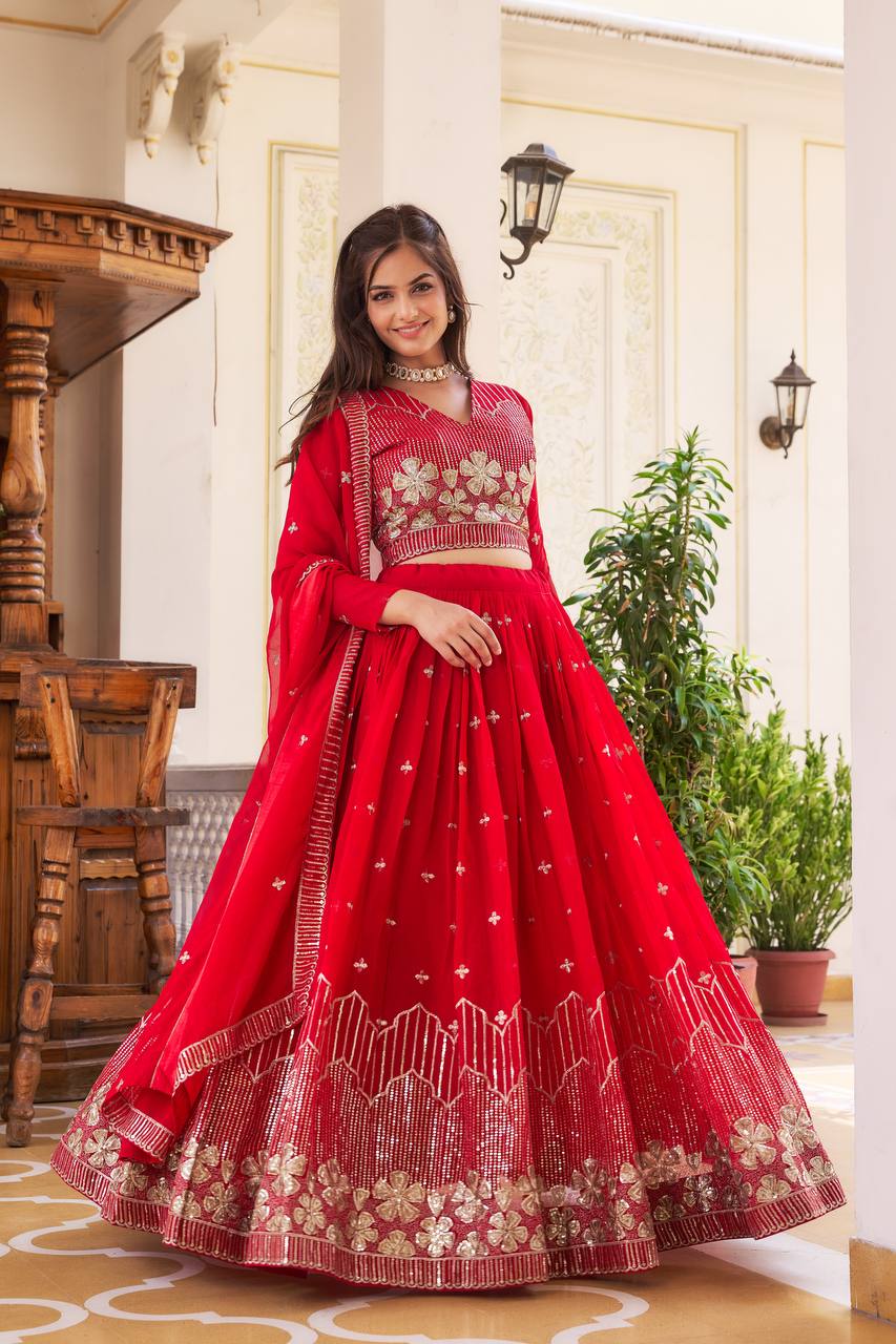 Red Designer Lehenga Cholis | Heavy Fox Georgette | Embroidery Sequence Work | Micro Cotton