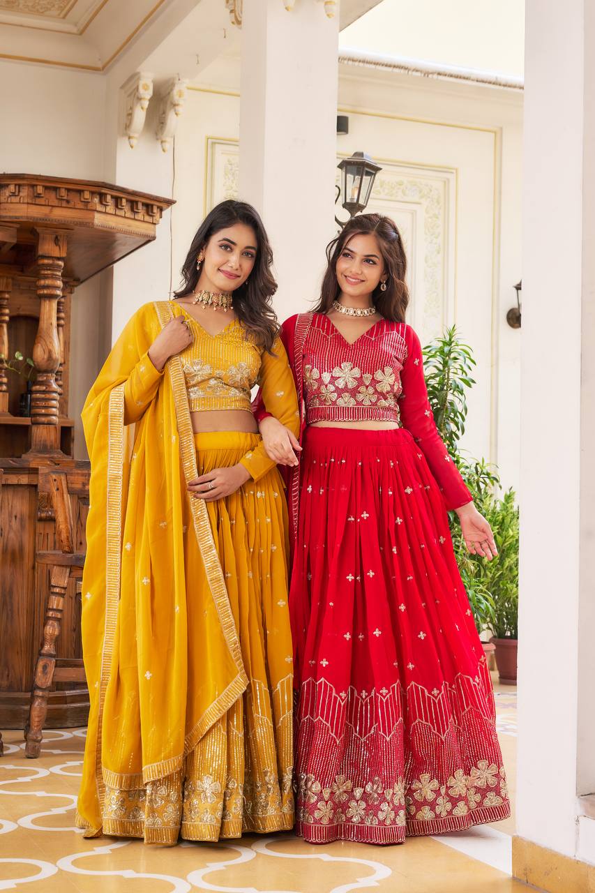 Red Designer Lehenga Cholis | Heavy Fox Georgette | Embroidery Sequence Work | Micro Cotton