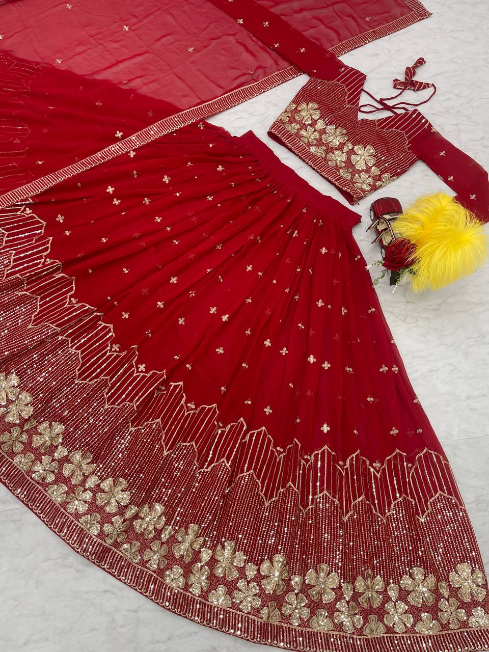 Red Designer Lehenga Cholis | Heavy Fox Georgette | Embroidery Sequence Work | Micro Cotton