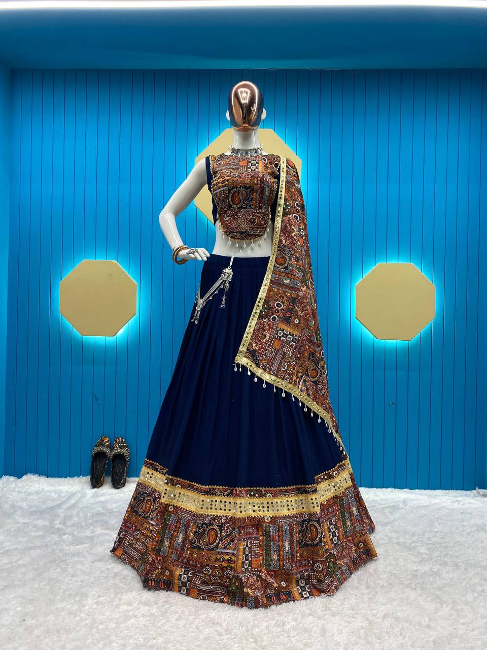 Blue navratri chaniya choli | Blue  lehenga cholis for Navratri 2024 | Print Dupatta