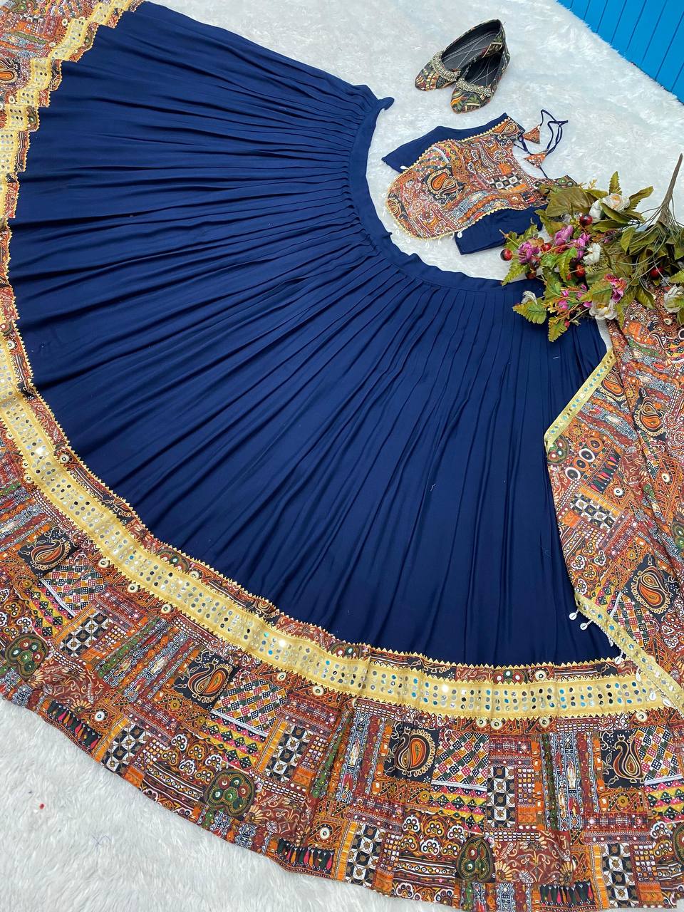 Blue navratri chaniya choli | Blue  lehenga cholis for Navratri 2024 | Print Dupatta