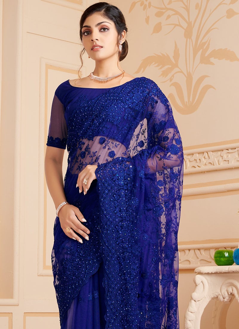 Kanyaari Royal Blue Net Handwork Saree With Unstitched Blouse