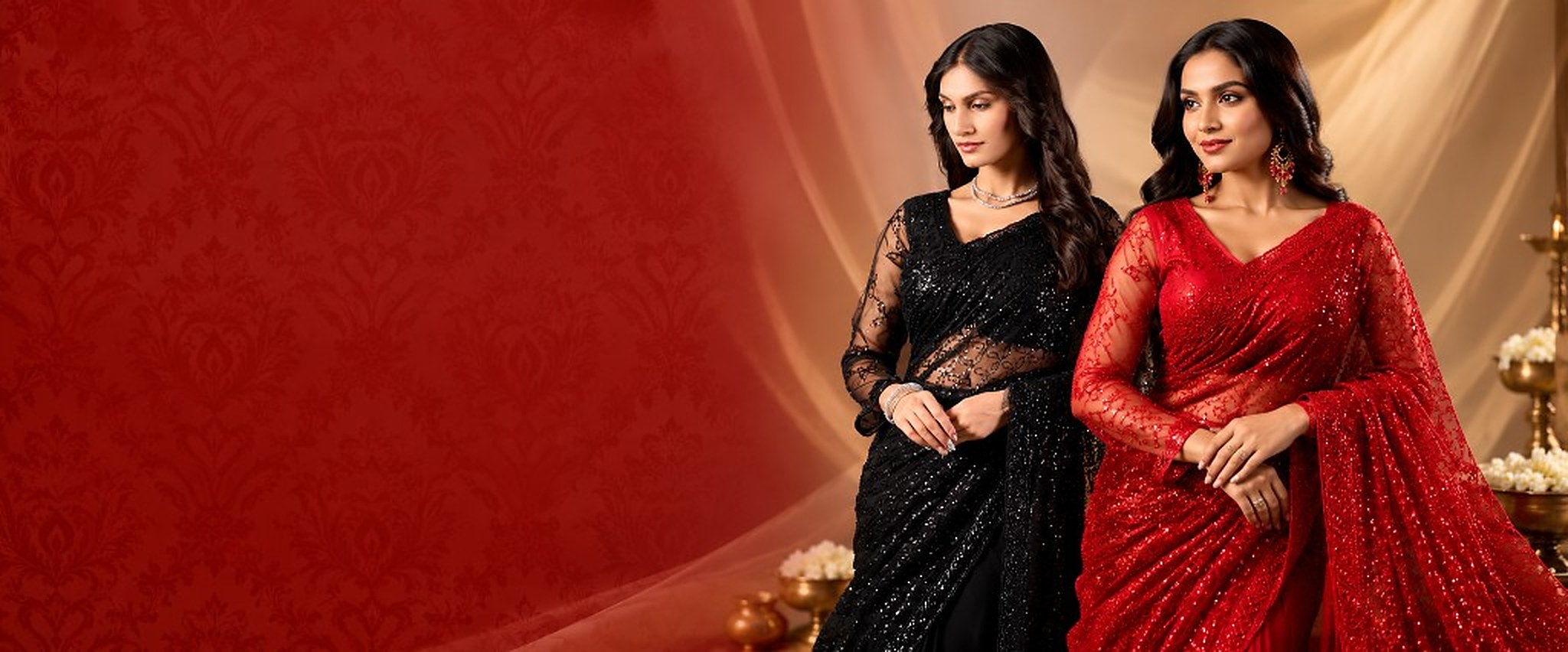 Kanyaari designer sequin sarees in black and red
