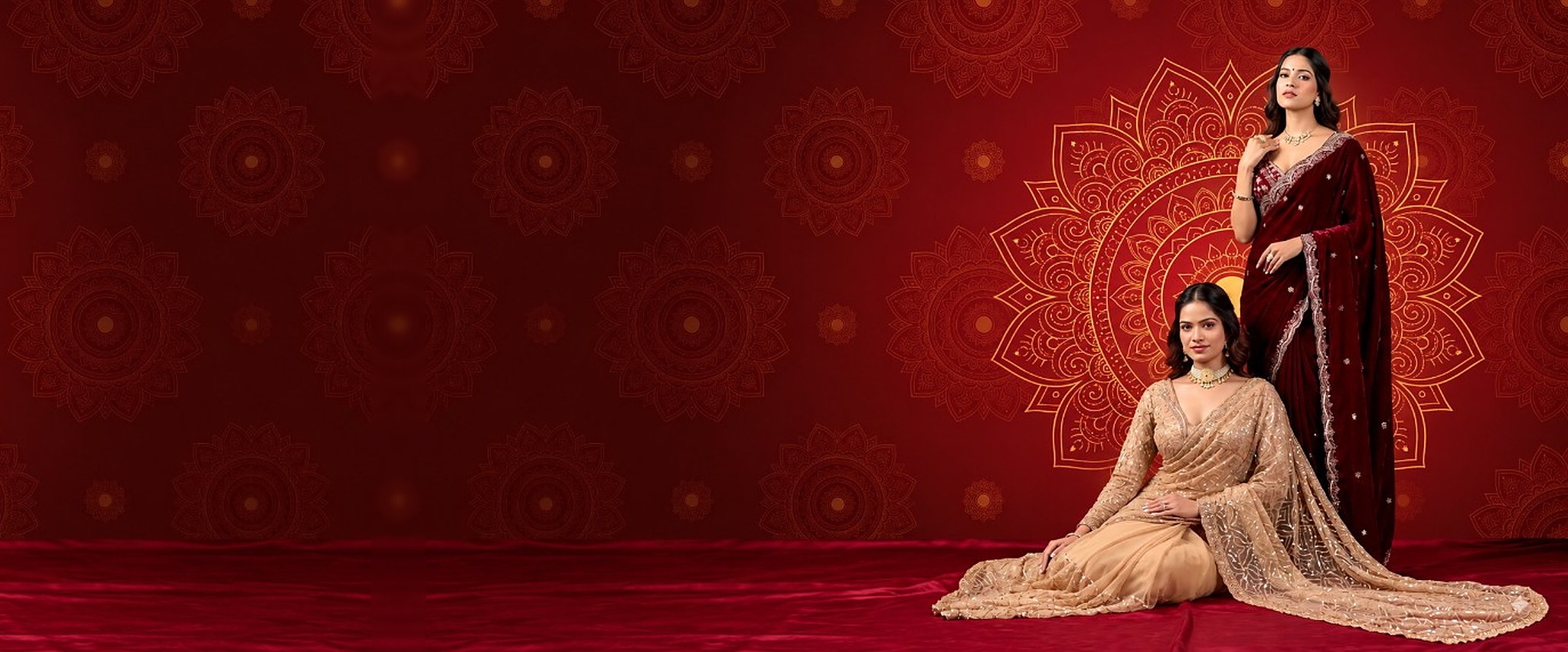 Kanyaari designer sarees in maroon velvet and champagne sequin